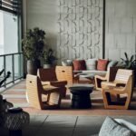 Stylish indoor lounge area featuring modern furniture and textured decor in neutral tones.